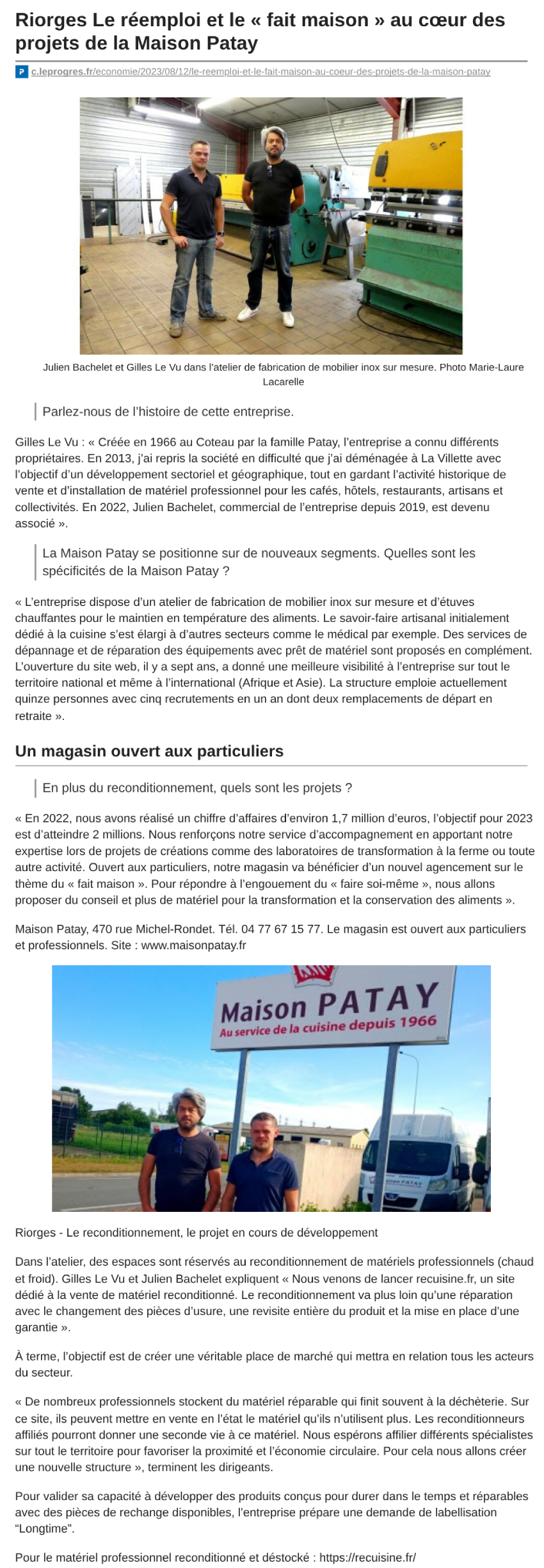 Maison Patay - Article Le Progrès paru en aout 2023